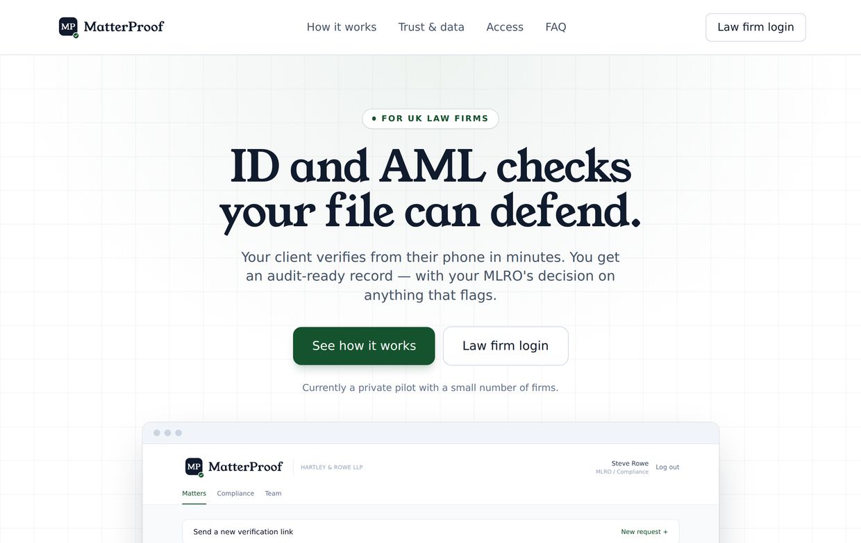 MatterProof marketing site — ID and AML checks your file can defend