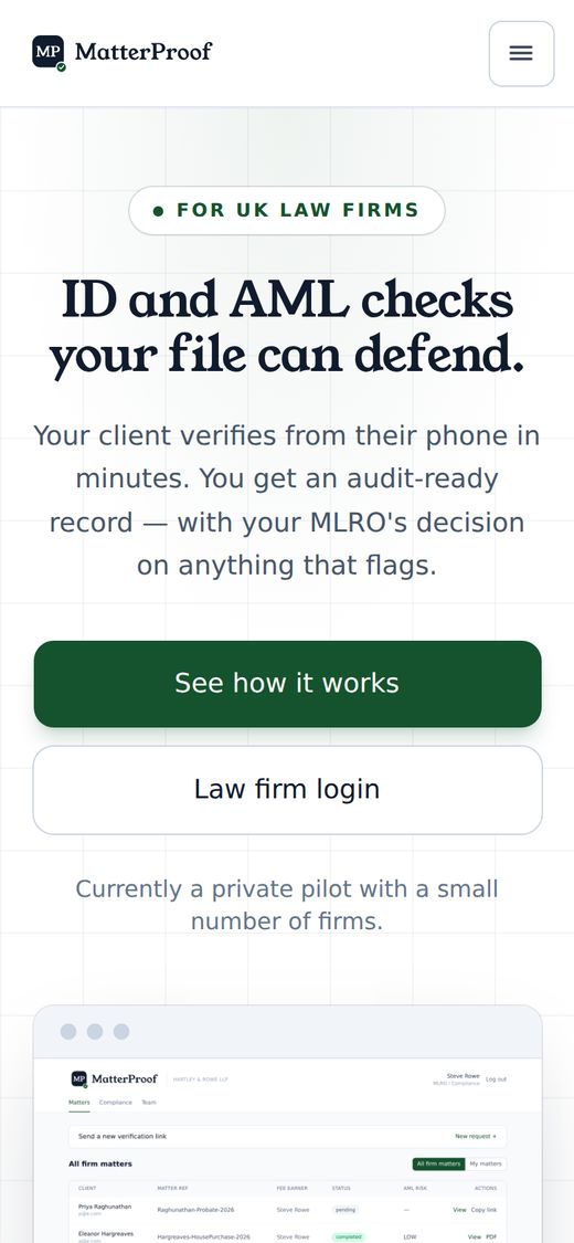 MatterProof on a phone — the client-facing verification flow