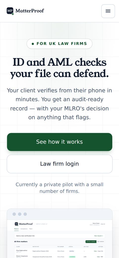 MatterProof website on a phone
